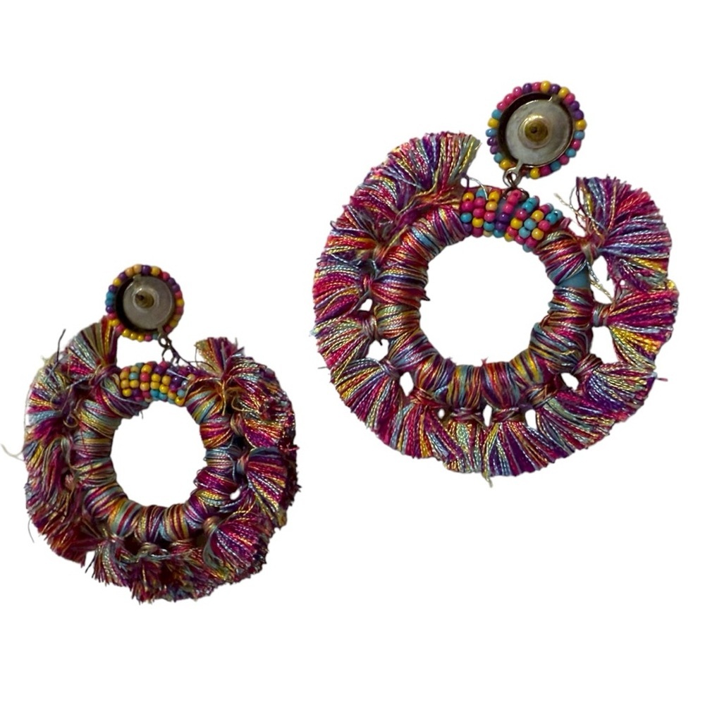 Colorful Boho Statement Hoop Earrings Multicolor Thread & Bead Pierced - Picture 3 of 3